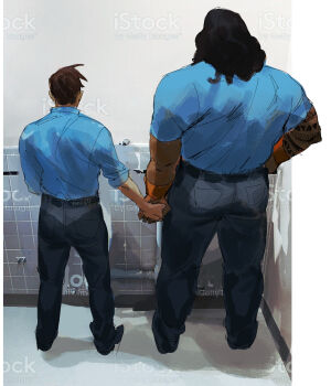 Rule 34 | 2boys, absurdres, arm tattoo, artist name, bathroom, belt, black hair, black pants, blue shirt, brown hair, dispatch, getty images, highres, holding hands, long hair, male focus, multiple boys, muscular, muscular male, pants, peeing, photo-referenced, robert robertson, royd (dispatch), shirt, standing, tattoo, toilet, watermark, wristband, ynnu-64