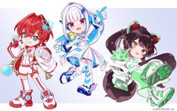 3girls :d ange_katrina animal animal_ears animal_on_shoulder arm_up asymmetrical_legwear belt bird bird_on_shoulder blue_eyes blue_gloves blue_hair blunt_bangs blush boots braid brown_hair brown_tail cd clenched_hands color-coded colored_shoe_soles commentary_request copyright_notice crossed_bangs deformed dog_ears dog_girl dog_tail dress fangs fishnets flask flower gloves gradient_eyes green_gloves grey_background grin hair_flower hair_intakes hair_ornament hands_up heterochromia index_finger_raised inui_toko jacket knee_pads layered_dress leotard leotard_under_clothes lize_helesta long_hair long_sidelocks long_sleeves looking_at_viewer mismatched_legwear mugimugigo multicolored_eyes multicolored_hair multiple_girls nijisanji official_alternate_costume official_art open_clothes open_jacket open_mouth oversized_zipper pink_eyes pleated_dress ponytail puffy_long_sleeves puffy_sleeves purple_eyes red_belt red_eyes red_gloves red_hair red_shoes round-bottom_flask sample_watermark sanbaka_(nijisanji) sebastian_piyodore shoes short_dress short_ponytail shorts sidelocks simple_background single_knee_pad smile sneakers standing streaked_hair tail thighhighs triangle_hair_ornament two-tone_hair very_long_hair virtual_youtuber watermark white_belt white_boots white_dress white_gloves white_hair white_jacket white_leotard white_shoes white_shorts white_thighhighs yellow_eyes zipper