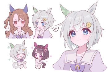 ... 3girls :3 animal_ears arms_behind_head black_hair blue_eyes blush_stickers brown_hair chibi closed_eyes commentary_request ear_covers green_hair hair_ornament hairband hairclip highres horse_ears horse_girl horse_tail jitome king_halo_(umamusume) long_hair looking_at_another looking_to_the_side multiple_girls musical_note nishino_flower_(umamusume) one_side_up open_mouth own_hands_together pink_hair pleated_skirt rsusk189 school_uniform seiun_sky_(umamusume) short_hair single_ear_cover skirt smile spoken_ellipsis spoken_musical_note sweat tail tracen_school_uniform umamusume