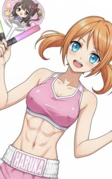 1girl abs blue_eyes covered_erect_nipples muscular muscular_female orange_hair tagme thalyseuro