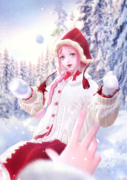 2girls 3d blurry blurry_background blurry_foreground braid brown_eyes chinese_commentary commentary_request day fingernails gloves highres holding holding_snowball jacket long_hair looking_at_viewer multiple_girls nikki_(nikki) nikki_(series) official_art pale_skin pink_hair red_headwear red_skirt shining_nikki single_braid skirt smile snow snow_on_tree snowball snowing sunlight sweater teeth tree white_gloves white_sweater