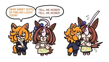 &gt;_&lt; 2girls ahoge animal_ear_piercing animal_ears belt belt_buckle black_belt black_jacket black_pants black_pantyhose black_shoes boots bow brown_hair buckle chibi collared_jacket ear_ribbon english_text expressive_hair flat_color floral_print hair_between_eyes hairband hand_on_own_chin hand_on_own_elbow happy horse_ears horse_girl horse_tail huge_ahoge jacket kiss kissing_cheek lapels long_skirt medium_hair meisho_doto_(casual)_(umamusume) meisho_doto_(umamusume) messy_hair motion_lines multiple_girls multiple_piercings nervous no_headwear notched_lapels open_clothes open_jacket orange_hair pants pantyhose pikminpreggedup pink_hairband pinstripe_pants pinstripe_pattern print_skirt purple_ribbon red_boots ribbon sequential shoes short_sleeves simple_background skirt sleeves_past_wrists speech_bubble sweater t.m._opera_o_(casual)_(umamusume) t.m._opera_o_(umamusume) tail tail_raised turtleneck turtleneck_sweater umamusume white_background white_sweater wide-eyed yellow_skirt yuri