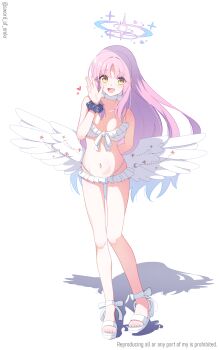 1girl :d absurdres arm_behind_back bare_shoulders bikini blue_archive blue_hair blue_scrunchie breasts breasts_apart commentary_request feathered_wings gradient_hair halo hand_up highres long_hair looking_at_viewer low_wings mika_(blue_archive) mika_(swimsuit)_(blue_archive) multicolored_hair murasame_(sword_of_nmkr) navel official_alternate_costume open_mouth pink_hair pink_halo sandals scrunchie shadow smile solo stomach swimsuit very_long_hair white_background white_bikini white_wings wings wrist_scrunchie