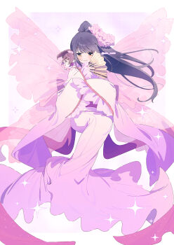 1boy 1girl androgynous back_bow black_hair blunt_bangs border bow brown_hair cherry_blossom_print cherry_blossoms closed_eyes closed_mouth commentary_request covering_own_mouth crossdressing crossdressing_(mtf) floral_print flower frilled_kimono frilled_sleeves frills fujisaki_nadeshiko full_body gradient_sleeves hair_flower hair_ornament hand_fan happy high_ponytail highres hime_cut holding holding_fan japanese_clothes kimono light_blush long_hair long_sleeves looking_at_viewer magical_girl male_focus outside_border pink_background pink_bow pink_flower pink_kimono pink_theme ponytail serizawa_serizane shugo_chara! sitting sleeves_past_wrists smile solo_focus sparkle temari_(shugo_chara!) trap twitter_username very_long_hair white_border wide_sleeves yamato_maihime yellow_eyes yukata