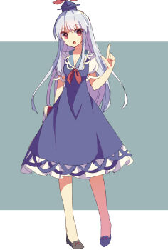 Rule 34 | 1girl, :o, bare arms, bare legs, blue dress, blue hat, book, breasts, busujima (kusahana), cleavage, collarbone, commentary, dress, fingernails, full body, grey hair, hat, highres, holding, holding book, index finger raised, kamishirasawa keine, letterboxed, long hair, mini hat, one-hour drawing challenge, red eyes, short sleeves, simple background, solo, straight hair, touhou, very long hair