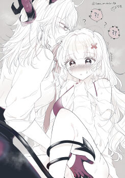 !? 2girls absurdres bikini blush commentary_request demon_tail gloves greyscale hair_ornament hand_on_another&#039;s_thigh heart highres horns long_hair long_sleeves miyachi_(tanya_visha) monochrome multiple_girls parted_lips phoebe_(wuthering_waves) spoken_interrobang spot_color sweat swimsuit tail tail_around_another&#039;s_leg tail_wrap twitter_username wuthering_waves yuri zani_(wuthering_waves)