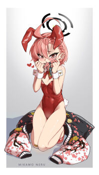 Rule 34 | 1girl, absurdres, ahoge, akita kang, animal ear hairband, animal ears, black halo, blue archive, bow, bowtie, breasts, character name, commentary, covered navel, detached collar, english commentary, fake animal ears, hairband, halo, highleg, highleg leotard, highres, huge ahoge, jacket, kneeling, leotard, mole, mole under each eye, mole under eye, multiple moles, neru (blue archive), neru (bunny) (blue archive), pink hair, playboy bunny, print jacket, rabbit ears, rabbit tail, red bow, red bowtie, red eyes, red leotard, small breasts, solo, strapless, strapless leotard, sukajan, tail, unworn jacket, wrist cuffs