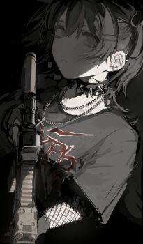 1girl absurdres black_background black_hair black_shirt blush choker closed_mouth commentary ear_piercing fishnets grey_hair gun hair_between_eyes hair_ornament hairclip highres holding holding_gun holding_weapon jewelry looking_at_viewer necklace original piercing ring shirt short_sleeves simple_background sirayukisiu solo spiked_choker spikes symbol-only_commentary t-shirt upper_body weapon