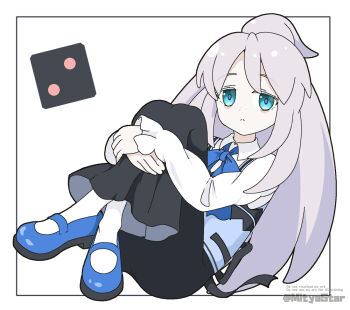 1girl :< artist_name black_skirt blue_eyes blue_shoes blue_vest closed_mouth collared_shirt commentary_request cosplay crossed_legs deux_murasame dice employee_uniform english_text full_body gochuumon_wa_usagi_desu_ka? grey_hair gundam gundam_gquuuuuux hugging_own_legs kafuu_chino kafuu_chino_(cosplay) knees_up long_hair long_sleeves mitya pale_skin pantyhose puffy_long_sleeves puffy_sleeves rabbit_house_uniform shirt shoes skirt sleeves_past_wrists solo twitter_username very_long_hair vest watermark white_background white_pantyhose white_shirt