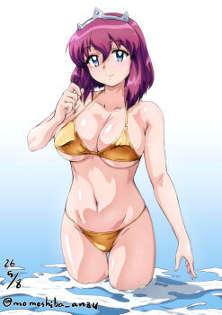 1girl artist_name bikini blue_background breasts closed_mouth commentary_request dated gold_bikini golden_week gradient_background grey_hair henrietta_de_tristain large_breasts looking_at_viewer medium_hair nafta navel purple_hair smile solo stomach swimsuit wading water zero_no_tsukaima