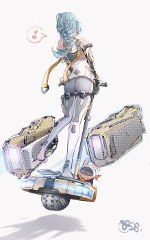 1girl ass bandana bandana_around_neck bangboo_(zenless_zone_zero) bare_shoulders blue_hair braid braided_ponytail clothing_cutout commentary_request detached_sleeves eous_(zenless_zone_zero) feet formal_clothes from_behind full_body highres latex_pants musical_note orange_bandana pinjirooo seed_(zenless_zone_zero) segway shadow shoulder_blades simple_background spoken_musical_note standing standing_on_one_leg stirrup_legwear suit thigh_cutout toeless_legwear white_background white_suit zenless_zone_zero