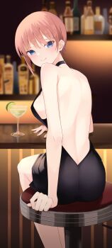 1girl absurdres arm_on_table arm_support back back_cutout bar_(place) bare_back bare_shoulders black_dress blue_eyes blush breasts closed_mouth clothing_cutout cocktail_glass cup dress drink drinking_glass earrings eyelashes from_behind go-toubun_no_hanayome hair_between_eyes highres indoors jewelry large_breasts legs light_brown_hair looking_at_viewer looking_back nakano_ichika no_bra profnote short_hair sideboob single_sidelock smile solo stud_earrings