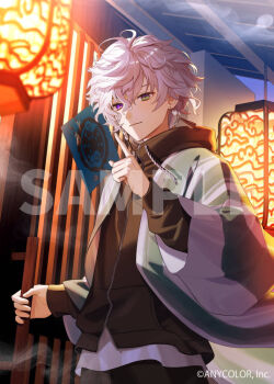 1boy black_hoodie black_pants commentary_request copyright_notice cowboy_shot green_eyes green_jacket hand_up heterochromia hood hoodie isamu jacket lantern looking_at_viewer male_focus murakumo_kagetsu murakumo_kagetsu_(2nd_costume) nijisanji official_art open_clothes open_jacket opening_door outdoors pants paper_lantern purple_eyes sample_watermark short_hair smile smoke solo virtual_youtuber watermark white_hair