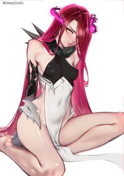 absurdres artist_name bare_legs bare_shoulders breasts commentary deep_duck fate/grand_order fate_(series) full_body fur_collar hair_over_one_eye halterneck heterochromia highres looking_at_another looking_at_viewer nipples pelvic_curtain red_hair side_slit small_breasts twitter_username typhon_ephemeros_(fate) typhon_ephemeros_(third_ascension)_(fate) yellow_eyes