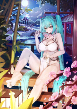 Rule 34 | 1girl, absurdres, aqua hair, bamboo, barefoot, black nails, breasts, bridge, cherry blossoms, cleavage, cloud, commentary, dress, eyelashes, feet, fingernails, flower, full moon, grey eyes, hatsune miku, highres, holding, long hair, moon, nail polish, night, pelvic curtain, pink flower, sitting, smile, solo, star (sky), toes, twintails, very long hair, vocaloid, water, white dress, xmxing