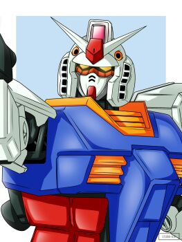 Rule 34 | absurdres, commentary, earth federation, english commentary, gabbu ojii, glowing, glowing eyes, gun, gundam, highres, machine gun, mecha, mecha focus, mobile suit, mobile suit gundam, no humans, portrait, robot, rx-78-2 gundam, science fiction, signature, v-fin, weapon, yellow eyes