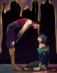 Rule 34 | 2boys, bent over, black footwear, black hair, black pants, commentary, elbow gloves, english commentary, eye contact, eyeshadow, fingerless gloves, full body, gl0wdin0 prem, gloves, green hair, hair between eyes, hair slicked back, highres, hwei (league of legends), jhin, league of legends, long hair, looking at another, looking down, looking up, makeup, male focus, multiple boys, pants, parted lips, ponytail, purple eyes, red eyes, red shirt, shadow, shirt, short hair, sidelocks, single glove, sitting, sleeveless, sleeveless shirt, smile