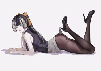 1girl absurdres bare_shoulders black_hair black_pantyhose black_shirt black_shoes blunt_bangs dhbwinner full_body grey_hair high_heels highres hololive hololive_dev_is juufuutei_raden lace_pantyhose_hooked_on_heel_(meme) long_hair looking_at_viewer lying meme multicolored_hair on_stomach pantyhose parted_lips ponytail shirt shoes skirt sleeveless sleeveless_shirt smile the_pose two-tone_hair virtual_youtuber watch wristwatch
