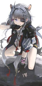 Rule 34 | 1girl, :q, absurdres, ahoge, animal ears, arknights, arknights: endfield, arm up, black gloves, blue eyes, closed mouth, eyepatch, fingerless gloves, full body, gloves, grey hair, hair intakes, highres, kusami toka naku au, long hair, looking at viewer, on one knee, solo, tail, tangtang (arknights), tiger ears, tiger girl, tiger tail, tongue, tongue out, v-shaped eyebrows