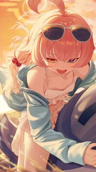 1girl absurdres ahoge bikini blue_archive blue_eyes blue_jacket blush dusk eyewear_on_head frilled_bikini frills hair_bobbles hair_ornament halo heterochromia highres hoshino_(blue_archive) hoshino_(swimsuit)_(blue_archive) inflatable_toy inflatable_whale jacket long_hair low_twintails official_alternate_costume open_clothes open_jacket open_mouth orange_halo pink_hair re_naya revision solo sunglasses swimsuit twintails white-framed_eyewear white_bikini yellow_eyes