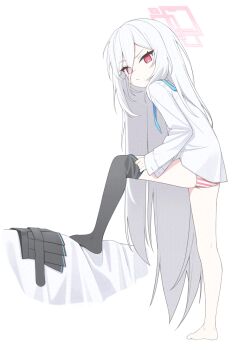 1girl black_thighhighs blue_archive blue_necktie commentary dressing full_body hair_between_eyes halo highres kei_(blue_archive) knee_up korean_commentary long_hair long_hair_between_eyes long_sleeves looking_at_viewer looking_to_the_side necktie panties pink_eyes pink_halo rectangular_halo ringed_eyes shirt single_bare_foot single_thighhigh skirt solo striped_clothes striped_panties thighhighs thighhighs_pull toradora! ugaaaa1 underwear unworn_skirt very_long_hair white_background white_hair white_shirt