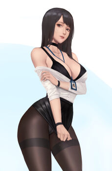 1girl absurdres bare_shoulders between_breasts black_bra black_choker black_hair black_pantyhose black_skirt bra breast_hold breasts choker cleavage clothes_pull collarbone commentary cowboy_shot english_commentary forehead grey_eyes highres id_card large_breasts long_hair looking_at_viewer off_shoulder office_lady original panties pantyhose pantyshot parted_bangs parted_lips sherylnome shirt simple_background skirt skirt_pull solo sweat thighs underwear white_shirt