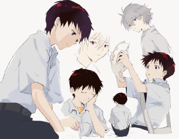 Rule 34 | 2boys, animal, bag, black hair, black pants, cat, collared shirt, commentary, grey hair, highres, holding, holding animal, holding cat, ikari shinji, male focus, multiple boys, multiple views, nagisa kaworu, neon genesis evangelion, pants, school uniform, shirt, short hair, shoulder bag, simple background, tokyo-3 middle school uniform, white background, white cat, white shirt, yaoi, yorumi1117