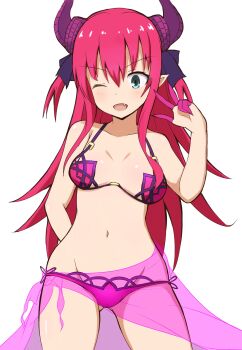 Rule 34 | 10s, 1girl, ;d, absurdres, bare arms, bare shoulders, bikini, blue eyes, blush, breasts, collarbone, commentary request, cosplay, curled horns, dragon horns, elizabeth bathory (fate), elizabeth bathory (fate/extra), fang, fate/extra, fate/extra ccc, fate/grand order, fate (series), female focus, gluteal fold, hair between eyes, hair ribbon, hand up, highres, horns, long hair, looking at viewer, medium breasts, mitchi, navel, one eye closed, open mouth, pink hair, purple bikini, purple ribbon, ribbon, sarong, scathach (fate), scathach (fate/grand order), scathach (swimsuit assassin) (fate), scathach (swimsuit assassin) (fate) (cosplay), see-through clothes, simple background, smile, solo, swimsuit, two side up, very long hair, w, white background