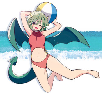 1girl arms_up ball bare_arms bare_legs barefoot beachball blue_sky breasts cloud commentary_request draco_centauros dragon_girl dragon_horns dragon_tail dragon_wings feet full_body green_hair green_wings holding holding_ball holding_beachball horns kaxxxxx_324 looking_at_viewer medium_breasts navel o-ring o-ring_swimsuit one-piece_swimsuit one_eye_closed open_mouth pointy_ears puyopuyo puyopuyo_sun red_one-piece_swimsuit short_hair sky smile solo swimsuit tail wings yellow_eyes