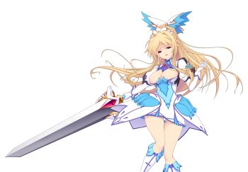 1girl armor armored_dress blonde_hair blue_eyes boots braid breasts cleavage cleavage_cutout clothing_cutout dress erika_la_etienne game_cg gloves hair_ornament holding holding_weapon huge_weapon knee_boots kourin_tenshi_en_ciel_rena large_breasts large_variant_set long_hair magical_girl non-web_source official_art open_mouth puffy_sleeves purple_eyes saitou_natsuki skirt solo suhamaya sword thigh_gap transparent_background variant_set weapon white_gloves