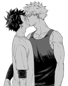 2boys bakugou_katsuki boku_no_hero_academia collarbone commentary_request compression_sleeve crew_neck eye_contact facial_scar kyou_mo_sushi layered_sleeves looking_at_another male_focus midoriya_izuku multiple_boys multiple_scars scar scar_on_arm scar_on_cheek scar_on_chest scar_on_face scar_on_shoulder shirt short_hair simple_background spiked_hair standing t-shirt tank_top white_background yaoi
