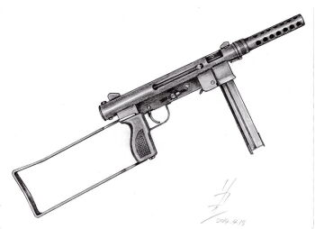 Rule 34 | carl gustaf m/45, commentary, dated, graphite (medium), greyscale, gun, lycaon-sato, monochrome, no humans, original, signature, simple background, submachine gun, traditional media, weapon, weapon focus, white background