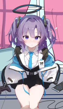 1girl absurdres belt black_halo black_suit blue_archive blue_eyes blue_necktie blush collared_shirt commentary cowboy_shot curtains eyes_visible_through_hair feng1180 formal_clothes hair_between_eyes hair_ornament halo highres id_card indoors jacket jacket_partially_removed long_hair looking_at_viewer mechanical_halo millennium_science_school_logo necktie open_clothes open_jacket parted_lips purple_hair red_pupils school_uniform shirt short_eyebrows sitting solo suit thighs triangle_hair_ornament two_side_up white_belt white_jacket white_shirt window yuuka_(blue_archive)