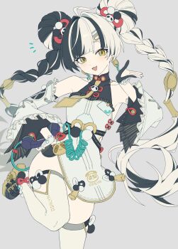 absurdres awe_(adorableduckyy) bare_shoulders black_hair black_shoes detached_sleeves dialyn_(zenless_zone_zero) dress highres leggings looking_at_viewer multicolored_hair open_mouth phone shoes solo split-color_hair white_dress white_hair yellow_eyes zenless_zone_zero