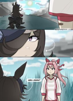 2girls animal_ears black_bow blue_hat bow brown_hair closed_mouth commentary grass hair_over_one_eye haru_urara_(bestest_prize)_(umamusume) haru_urara_(umamusume) hat headband heaven highres horse_ears horse_girl horse_tail implied_death jacket long_hair looking_at_another morgzkun multiple_girls one_eye_covered open_clothes open_jacket pink_eyes pink_hair ponytail purple_eyes red_headband rice_shower_(rosy_dreams)_(umamusume) rice_shower_(umamusume) shirt sitting speech_bubble symbol-only_commentary tail turning_head umamusume white_jacket white_shirt