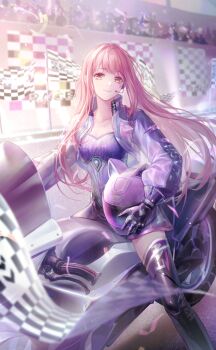 1girl animal_ear_headwear animal_ears artist_request audience black_gloves black_skirt black_thighhighs blunt_bangs breasts brown_eyes card_(medium) cat_ears cleavage closed_mouth collarbone collared_jacket cropped_jacket fake_animal_ears feet_out_of_frame finish_line flag game_cg gloves happy headset helmet high_collar highres holding holding_unworn_helmet jacket windchasing_shadow_(shining_nikki) long_hair looking_at_viewer microskirt motor_vehicle motorcycle motorcycle_helmet multicolored_jacket nikki_(nikki) nikki_(series) official_art on_motorcycle open_clothes open_jacket outdoors pink_hair pink_jacket purple_helmet purple_jacket purple_shirt racing riding road see-through_clothes see-through_sleeves shining_nikki shirt shorts skirt smile solo street thighhighs two-tone_jacket two-tone_shirt unworn_headwear unworn_helmet very_long_hair white_shorts