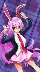 Rule 34 | 1girl, animal ears, arms up, black jacket, blazer, collared shirt, commentary, cowboy shot, english commentary, hair between eyes, highres, jacket, long hair, long sleeves, miniskirt, necktie, open clothes, open jacket, open mouth, pink hair, pink skirt, pleated skirt, rabbit ears, rabbit girl, red eyes, red necktie, reisen udongein inaba, shirt, skirt, skullchimes, smile, solo, standing, touhou, very long hair, white shirt