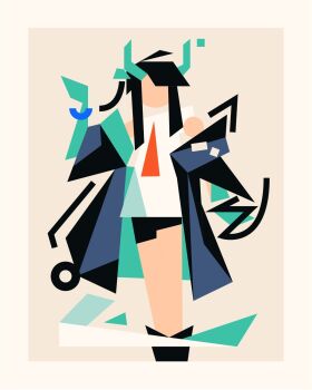 Rule 34 | 1girl, abstract, aqua horns, arknights, bare legs, bauhaus (style), black boots, black hair, black jacket, boots, border, colored extremities, commentary, contrapposto, dress, dusk (arknights), english commentary, facing viewer, feet out of frame, green hands, hand up, highres, horns, jacket, long sidelocks, minimalism, necktie, nikov, off shoulder, red necktie, shapes, short dress, sidelocks, solo, straight-on, white border, white dress