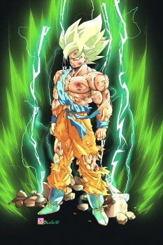 Rule 34 | 1boy, abs, absurdres, aura, battle damage, beatlo (rodrigo38658978), black background, blue boots, blue shirt, boots, commentary, dragon ball, dragonball z, electricity, english commentary, full body, green hair, highres, legendary super saiyan, male focus, muscular, muscular male, no eyes, orange pants, pants, shirt, simple background, solo, son goku, super saiyan, torn clothes, torn pants, torn shirt