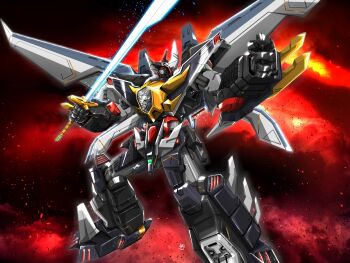 choujuu_kishin_dancouga dancouga_(series) glowing glowing_sword glowing_weapon highres holding holding_sword holding_weapon mecha mechanical_wings monmon_(monban) no_humans robot signature super_robot super_robot_wars super_robot_wars_30 sword ultimate_dancouga weapon wings