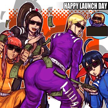1boy 4girls ass b._jenet blonde_hair breasts brown_hair cleavage cosplay fatal_fury fatal_fury:_city_of_the_wolves futaba_hotaru hair_ribbon hands_on_own_knees highres huge_ass jacket kneeling large_breasts legs long_hair looking_at_viewer low_twintails money multiple_girls open_mouth pink_hair ponytail preecha_(fatal_fury) puckered_lips red_lips ribbon salvatore_ganacci shiranui_mai sideboob smile snk sunglasses teeth the_king_of_fighters thighs throwing throwing_money tongue twintails v