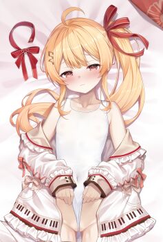 1girl absurdres ahoge bed_sheet blonde_hair blush brown_sailor_collar closed_mouth covered_navel dakimakura_(medium) double-parted_bangs flat_chest fortissimo frilled_jacket frills hair_between_eyes hair_ornament hair_ribbon hairclip highres hololive hololive_dev_is jacket jacket_partially_removed loli long_hair looking_at_viewer lying musical_note musical_note_hair_ornament on_back one-piece_swimsuit otonose_kanade piano_print red_ribbon ribbon sailor_collar shimo_(shimo332215) side_ponytail sidelocks solo swimsuit virtual_youtuber wedgie white_jacket white_one-piece_swimsuit