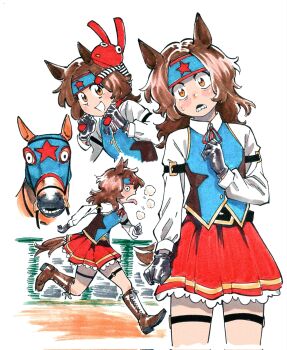 1girl 2others 31_minutos :d andony_strawhat animal_ears black_gloves blush boots brown_boots brown_hair frilled_skirt frills gloves highres horse horse_girl juan_carlos_bodoque long_sleeves looking_at_viewer multiple_others open_mouth puppet rabbit red_fur red_skirt running shirt skirt smile star_(symbol) striped_clothes striped_shirt tail teeth tongue tongue_out tormenta_china umamusume white_background white_shirt yellow_eyes