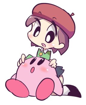 1boy 1girl adeleine alien beret black_eyes black_shoes black_skirt blush brown_hair colored_skin green_sweater hat k-nattoh kirby kirby_(series) kirby_64 kneeling loli long_sleeves looking_at_another nintendo open_mouth panties panty_peek pink_skin red_hat shoes short_hair sitting skirt socks sweater underwear white_background white_panties white_socks