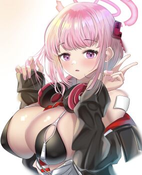 1girl absurdres azuma_(sospower73) bikini black_bikini black_jacket blue_archive breasts commentary eimi_(blue_archive) halo headphones headphones_around_neck highres huge_breasts jacket long_hair open_clothes open_jacket pink_hair pink_halo pink_nails purple_eyes solo swimsuit v very_long_hair zipper_bikini
