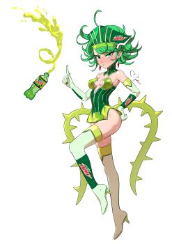 1girl absurdres alternate_costume artist_name bare_shoulders blue_rose_(tiger_&amp;_bunny) blue_rose_(tiger_&amp;_bunny)_(cosplay) blush boots bottle breasts commentary cosplay detached_collar earrings elbow_gloves english_commentary floating full_body gloves green_leotard green_lips green_nails green_thighhighs hand_on_own_thigh hand_up high_heel_boots high_heels highres jewelry karina_lyle knee_up leotard levitation liquid looking_at_viewer maho_malice mountain_dew nail_polish one-punch_man pointing pointing_up product_placement signature simple_background skindentation small_breasts soda_bottle solo strapless strapless_leotard striped_clothes striped_leotard tatsumaki thighhighs tiger_&amp;_bunny tsurime v-shaped_eyebrows visor_cap white_background white_thighhighs