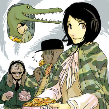 1girl 3boys artist_request baseball_cap big_boss black_hair black_headwear brown_eyes camouflage camouflage_cloak camouflage_jacket cloak cookie cup dark-skinned_male dark_skin eyepatch food fur_trim grey_hair hat jacket looking_at_viewer lowres major_zero metal_gear_(series) metal_gear_solid_3:_snake_eater multiple_boys naked_snake necktie para-medic_(mgs3) scar scar_across_eye scar_on_face short_hair sigint sweatdrop teacup teapot upper_body