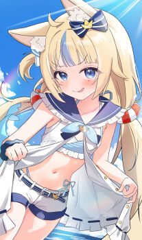 1girl absurdres ahoge animal_ear_fluff animal_ears bikini blonde_hair blue_bikini blue_bow blue_eyes blue_sky blue_streaks blush bow cat_ears cloud commentary cowboy_shot crop_top dress ear_bow english_commentary fang fins fish_girl fish_tail frilled_sailor_collar frills highres indie_virtual_youtuber lifebuoy_hair_ornament long_hair looking_at_viewer low_twintails minhong_7 multicolored_hair navel ocean one_side_up open_clothes open_dress open_mouth outdoors paper_boat rainbow sailor_collar sameko_saba sameko_saba_(1st_costume) short_shorts shorts side-tie_bikini_bottom sky smile solo streaked_hair swimsuit tail twintails very_long_hair virtual_youtuber white_dress