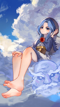 1girl absurdres bare_legs barefoot blue_eyes blue_hair chinese_commentary closed_mouth cloud commentary_request feet highres hood kourou_(kouroukun) kumoi_ichirin on_cloud sitting soles toes touhou unzan