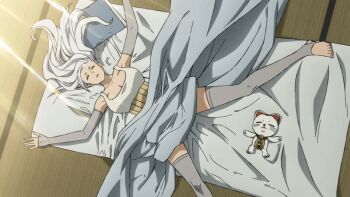 1girl 2025 20s animated animated_gif anime_screenshot ayase_seiko bed bed_sheet breasts cat closed_eyes dandadan elbow_gloves futon gloves grandma granny grey_thighhighs hair_down large_breasts long_hair mature_female official_art outdoors sleeping tagme thighhighs turbo_granny_(dandadan) whiskers white_hair wooden_floor